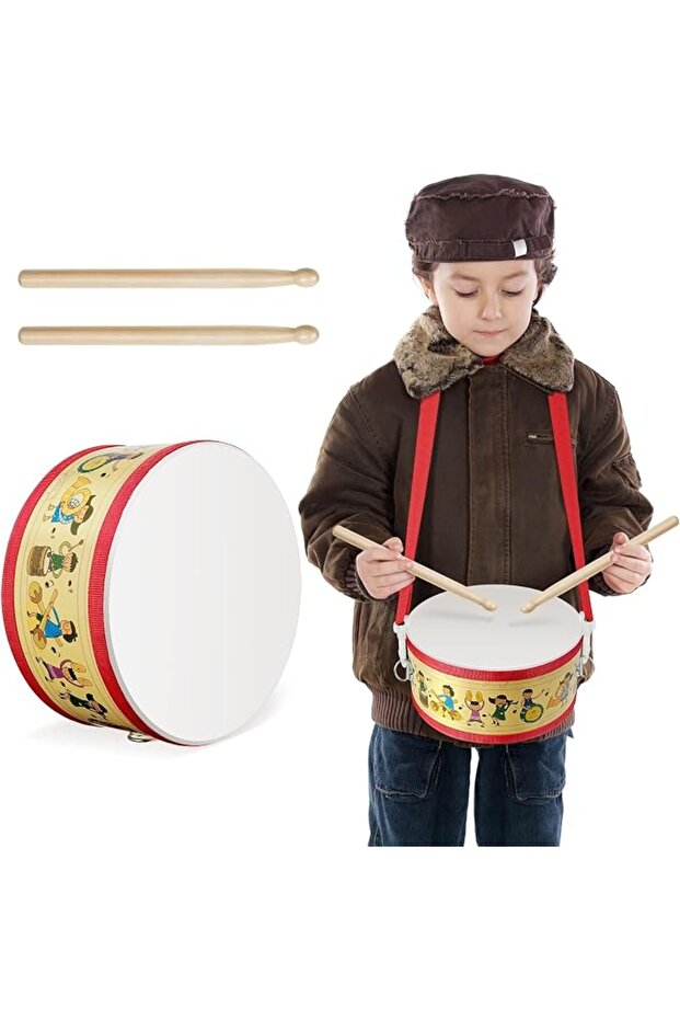 Kids Drum Set, 7.87 in Wooden Toy Drum with Adjustable Strap and 2 Drumsticks, Educational Sensory M