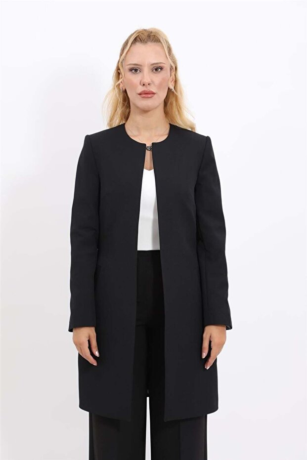 Zero Collar Plain Long Jacket-Black