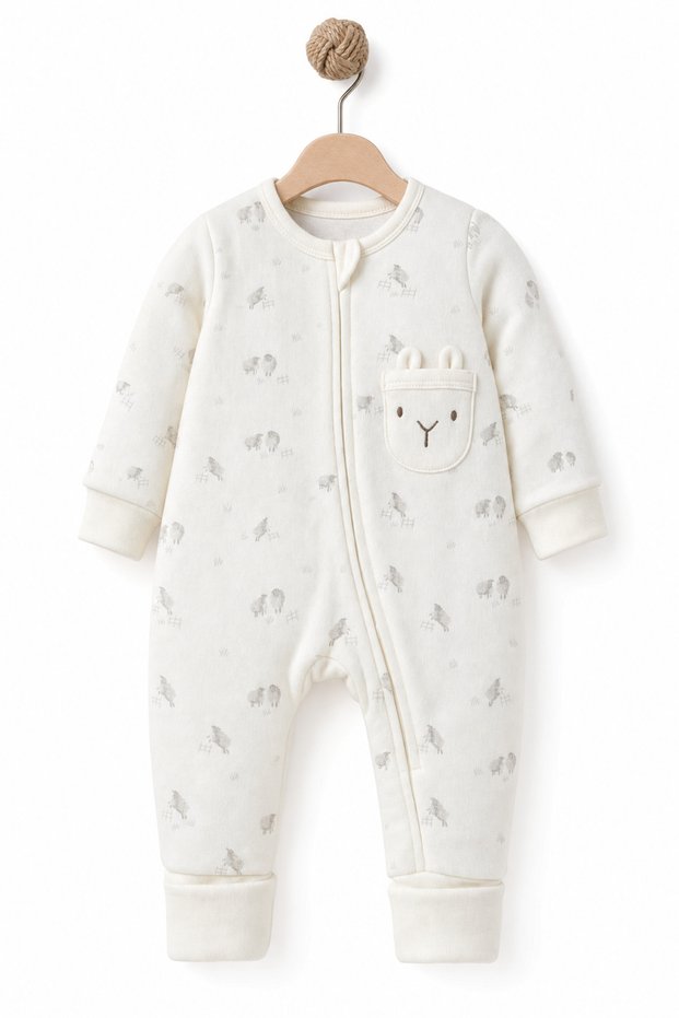 100% Organic Cotton, Unisex Zippered Baby Romper with Lamb Pocket, Newborn Romper