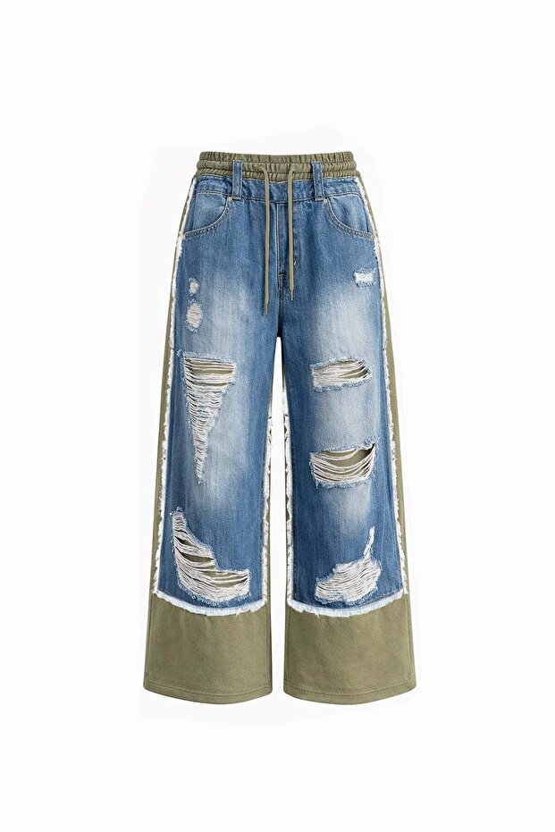 Blue Khaki Contrast Fabric Ripped Denim Wide Leg Pants 19062