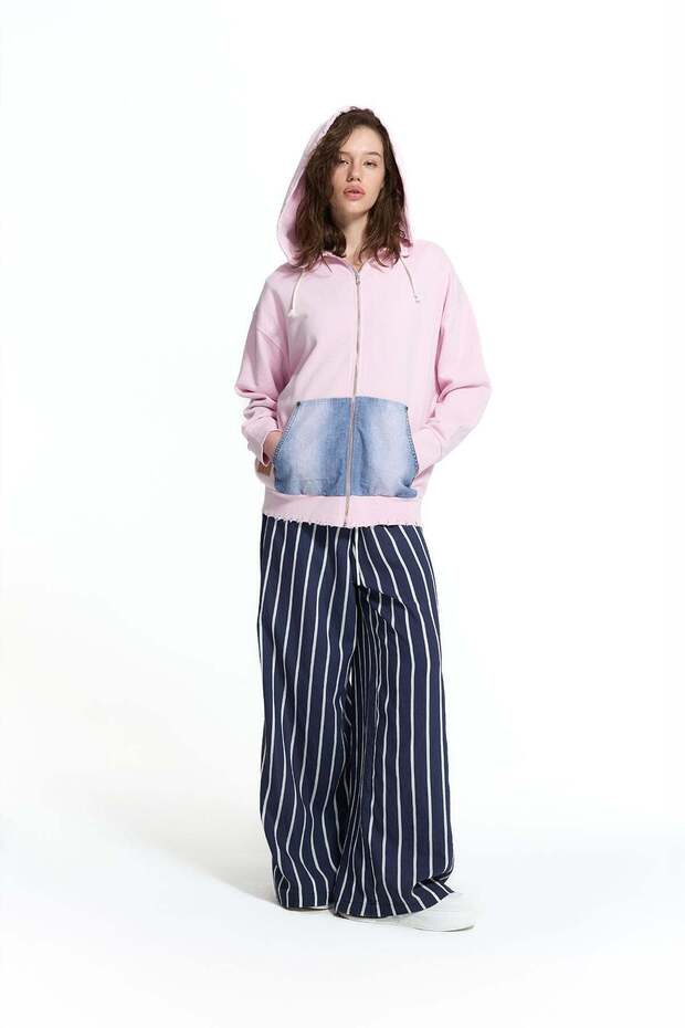 Pink Blue Denim Textured Pocket Detailed Hooded Oversize Sweatshirt 19092