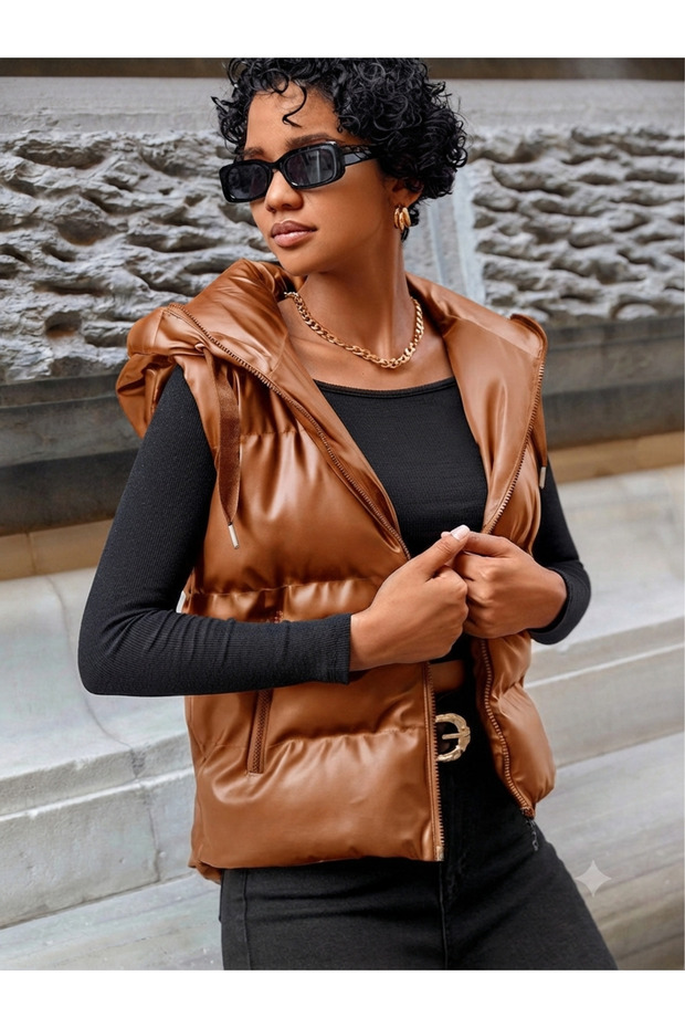 Women's Tan Leather Look Hooded Mid-Length Vest