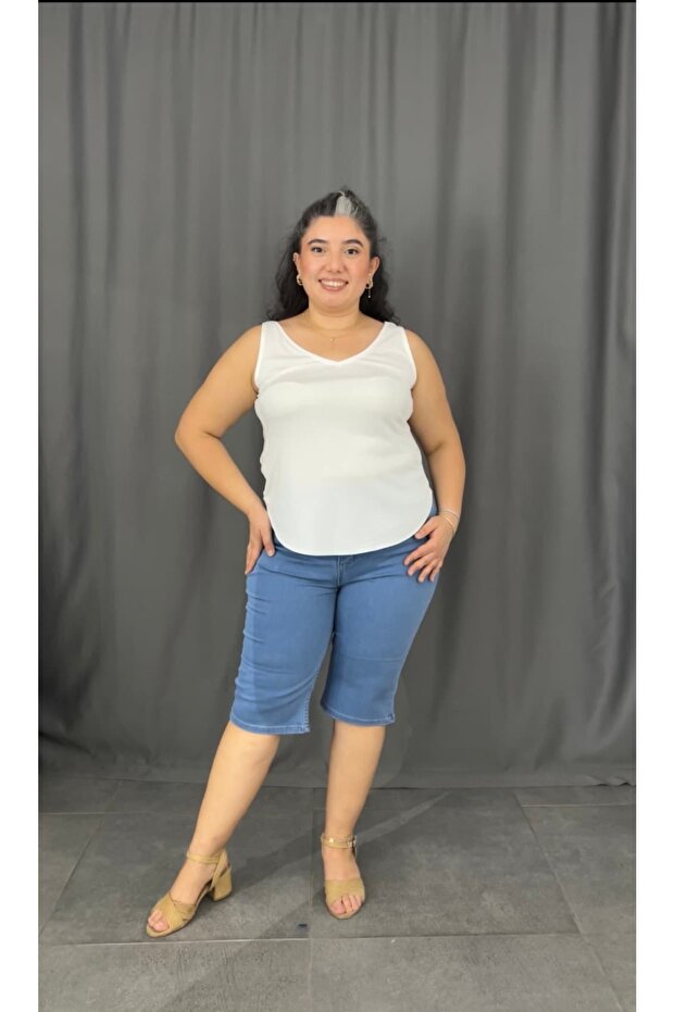 High Waist Pocket Detailed Cotton Fabric Capri, Suitable for Large Sizes