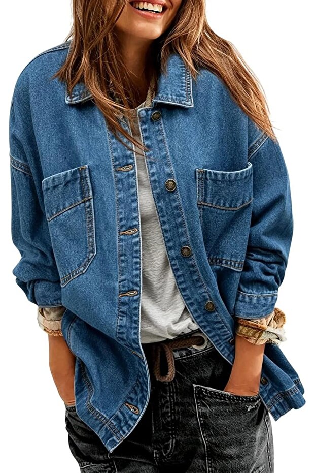 Women's Jean Jacket Oversized Boyfriend Button Up Shirt Shacket | Denim Fabric, Long Sleeve, Button