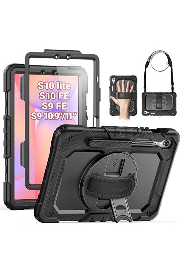 Heavy Duty Shockproof Case for Samsung Galaxy Tab S9 and S10 Lite / S10 11-Inch (2023), with Screen Protector, 360° Rotating Stand, Hand Strap, Shoulder Strap & Pen Holder (Black)