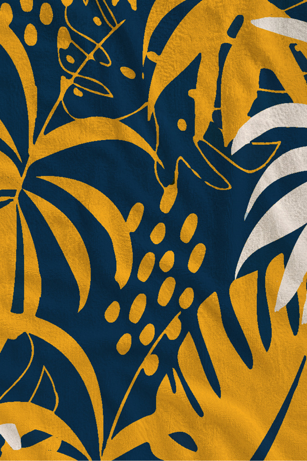 Navy Blue Mustard Tropical Leaf Patterned 70X150 Beach Towel - Digital Printed Bath Towel