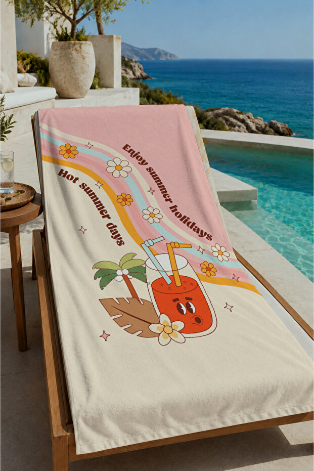 Pink Enjoy Summer Floral Rainbow Patterned 70X150 Beach Towel - Digital Printed Fade-Resistant Bath Towel