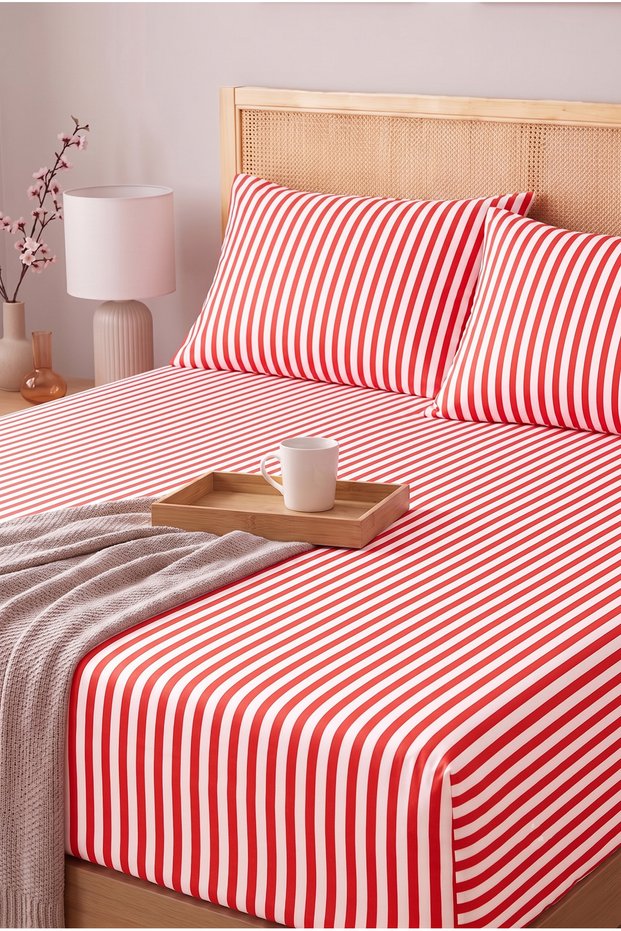 Striped Double Bed Sheet Set | Cotton | 160X200 cm Mattress Compatible Elastic Sheet, 2 Pieces of 50X70 cm Pillowcases | Stylish and Elegant
