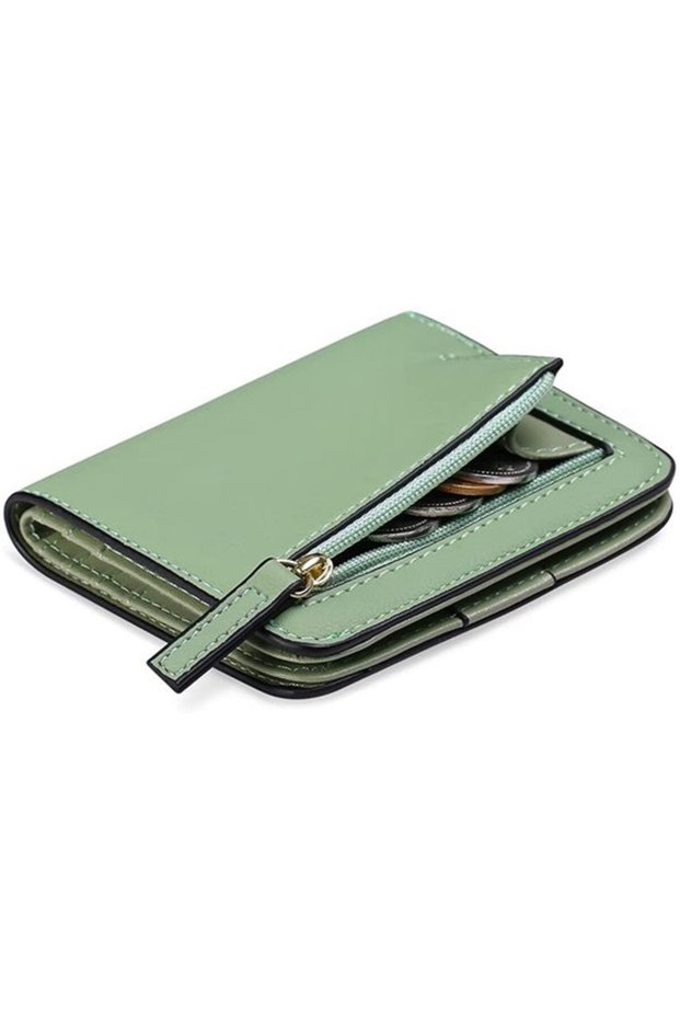 Women's slim short wallet milk tea apricot RFID coin purse.