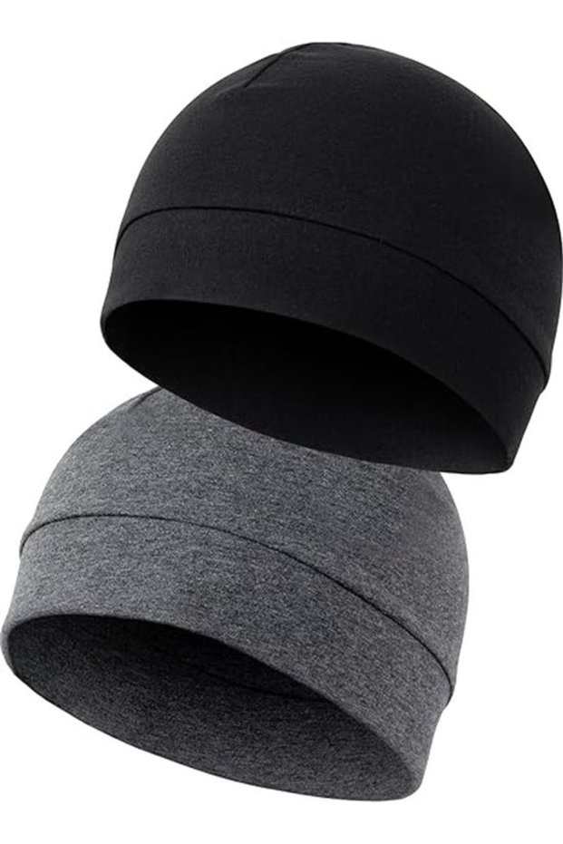 Unisex two-piece cap, knitted lightweight cotton helmet liner, suitable for running, cycling and motorcycling (black + grey).