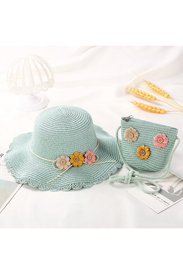 Children's sun protection straw hat set: beach + clutch bag - green