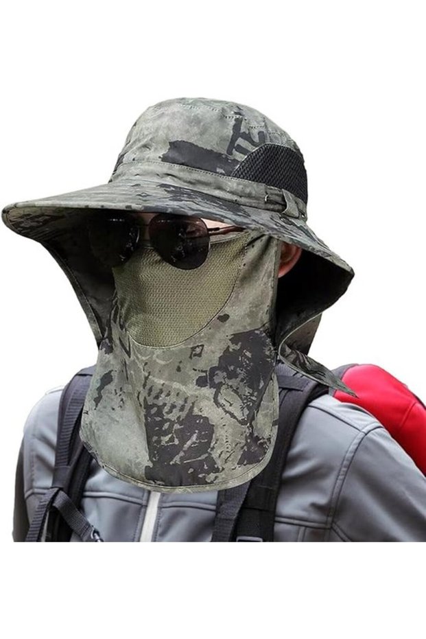 Camouflage outdoor sun hat with detachable face and neck protection - extra-wide brim, breathable, UV suitable for hiking, fishing camping.