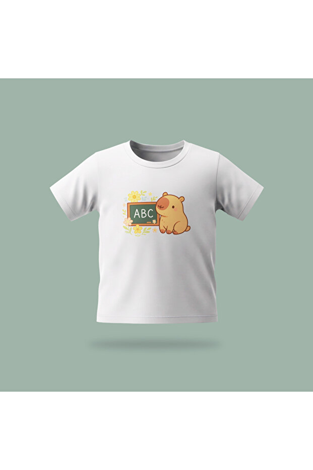 Children's Capybara Abc Patterned Printed T-Shirt 100% Cotton Single Jersey Fabric - White