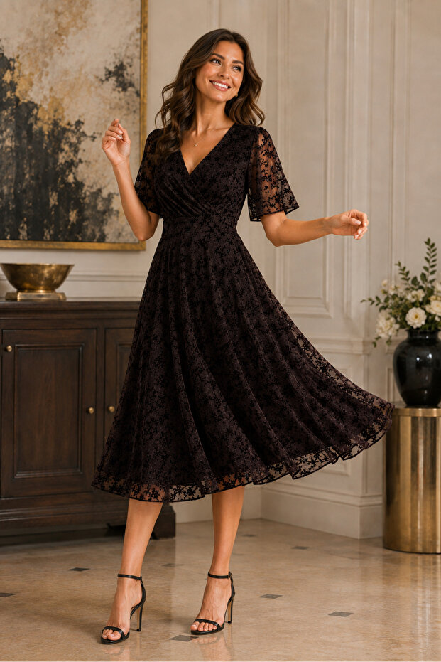 Women's Double-Breasted Collar Short-Sleeved Lycra Lined Waist-Fitted Patterned Stylish Brown Midi Evening Dress