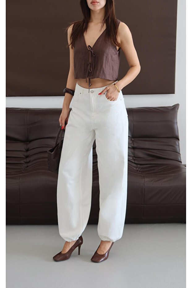 Women's Ecru High Waist Balloon Fit Elastic Cuff Jeans