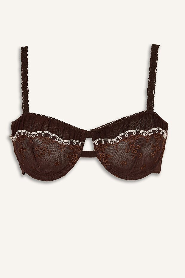 Embroidered Lace Detailed Tulle Unlined Non-Padded Underwire Balconette Bra H0509Ax26Sp