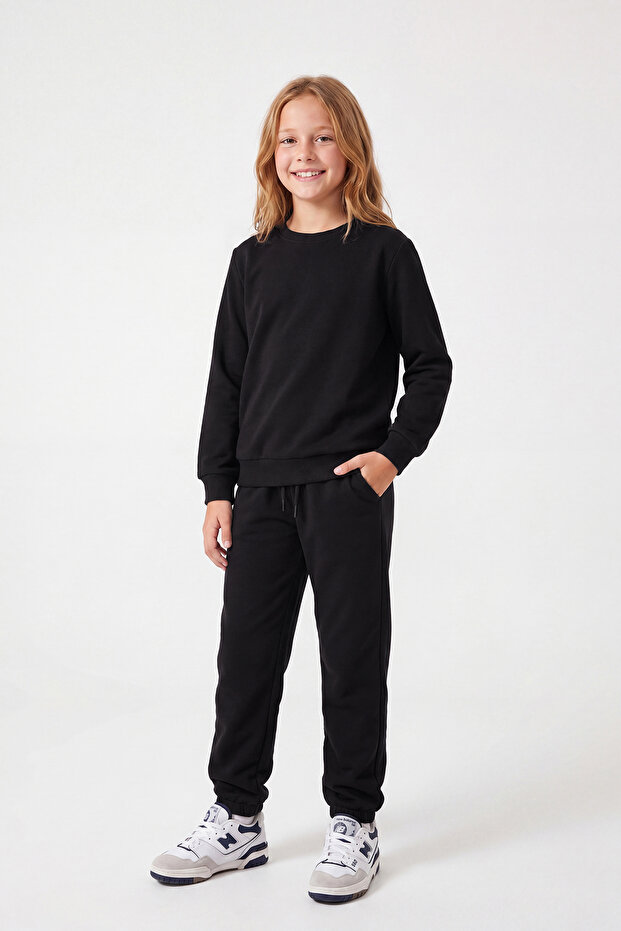Girl's Plain Crew Neck Double Pocket Tracksuit Set