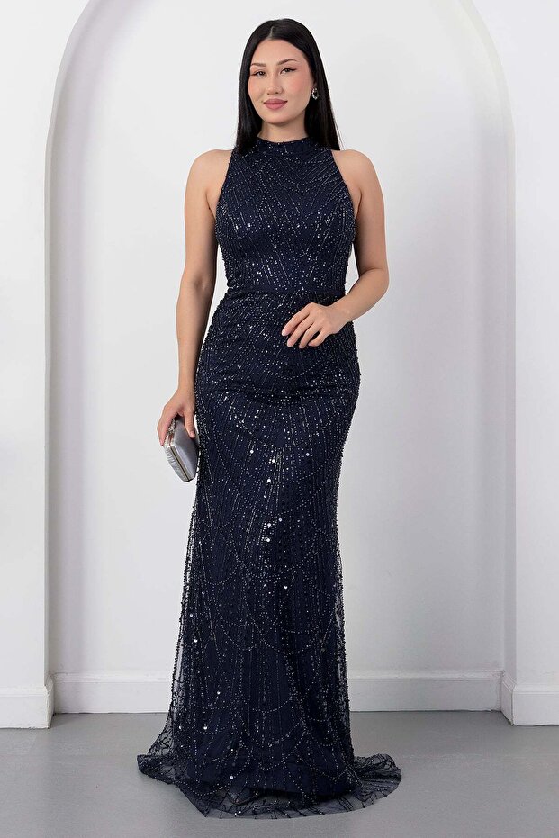 Halter neck beaded tulle dress 41091