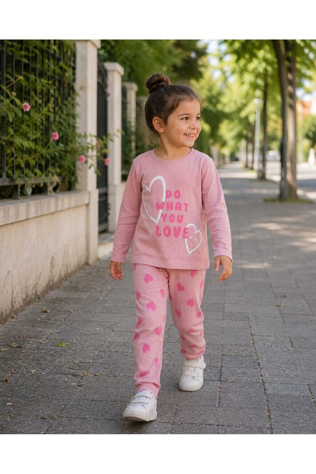 Girls' Pajama Set Long Sleeve Heart Patterned Do What You Love 2-4-6-8 Years Old Comfortable Home Wear