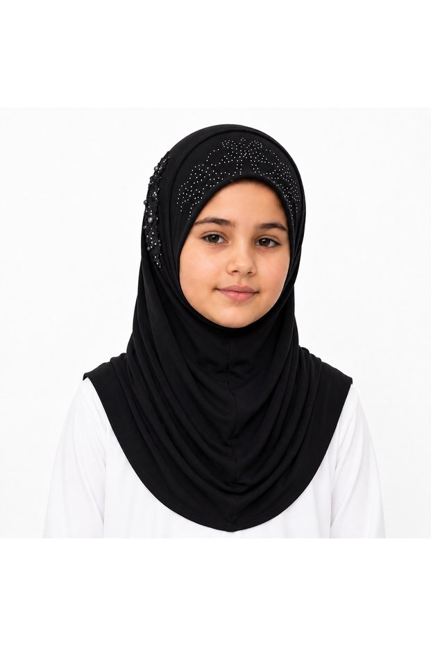 Linda Premium Rayon Hijab for kids Peach Embellished Islamic Headscarf with Pearl & Rhinestone Floral Details, Size S