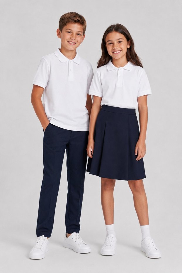 Girls & Boys Unisex White 100% Cotton Polo Collar Short Sleeve 2-Piece T-Shirt
