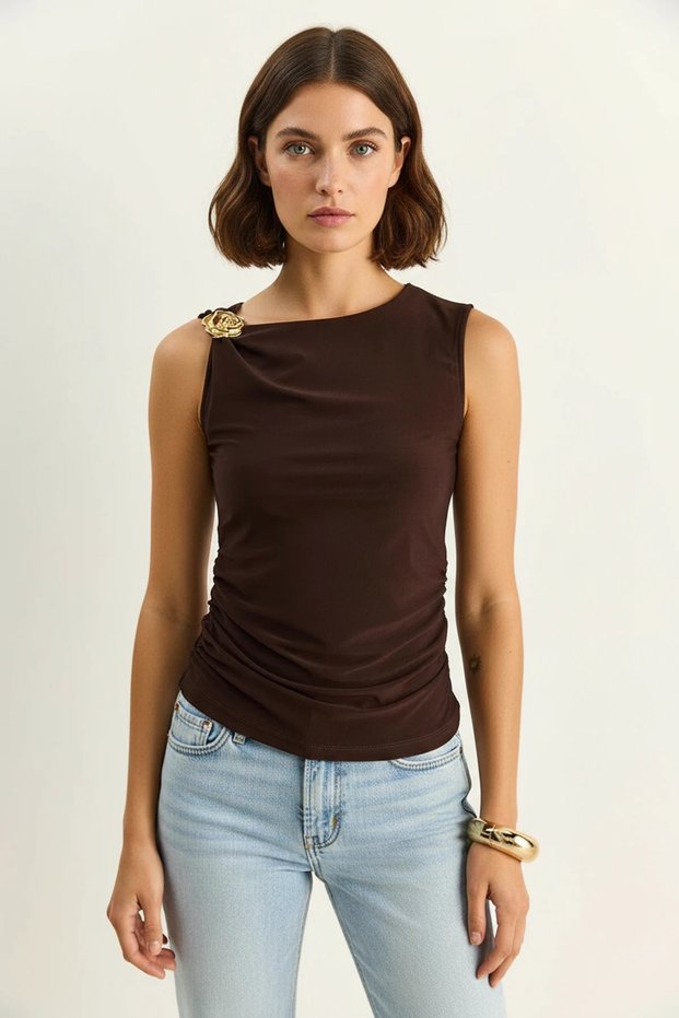 Women's Saran Acı Brown Blouse with Metal Accessories and Waist Draping Detail