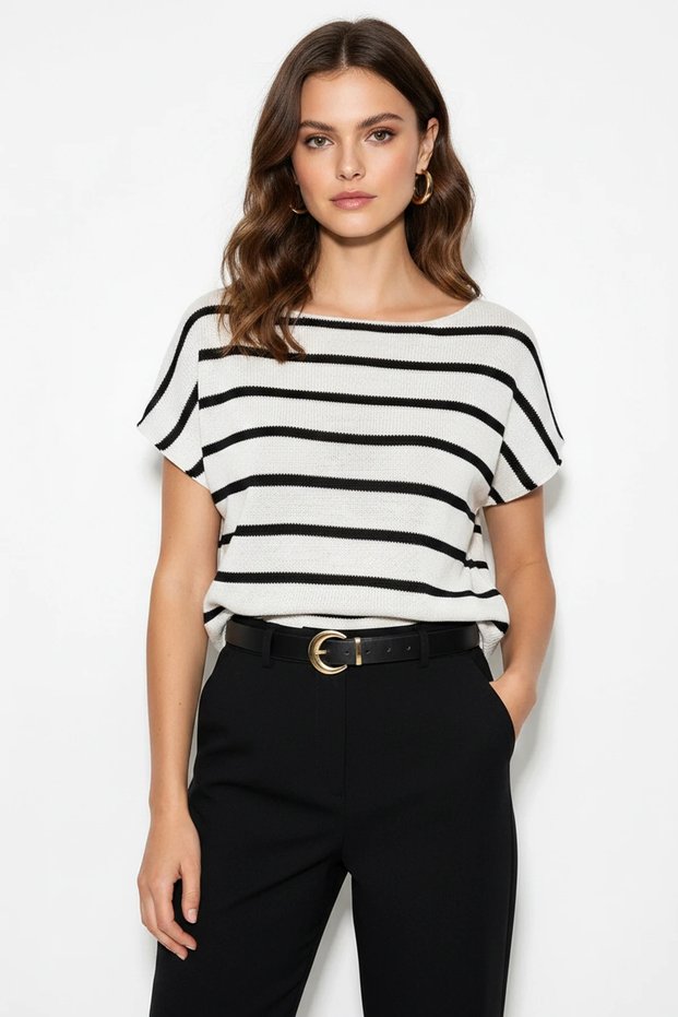 Women's Striped Boat Neck Bat Sleeve Cotton Knitwear Ecru Black Blouse