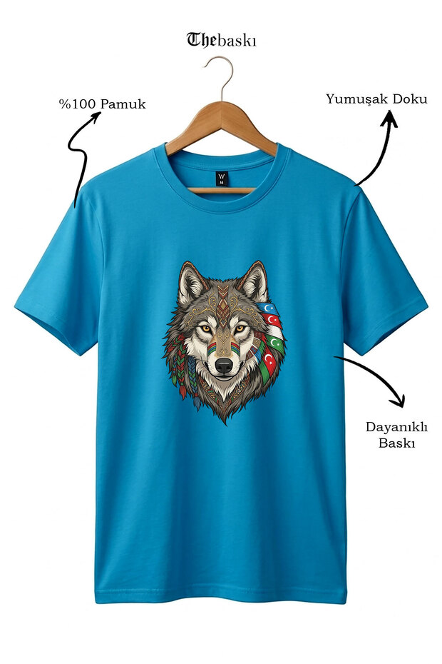 Wolf Figured Turkey Flag Gray Wolf Alpha Turkish Flag Printed 100% Cotton Crew Neck Basic Tshirt