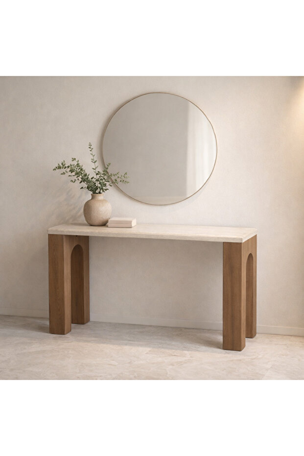 Reception Console Table with Beige Wood Surface and Brown Wood Bases