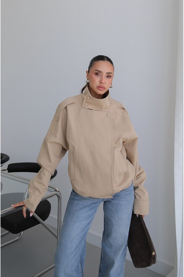 Beige Buca Stand Collar Bomber Jacket