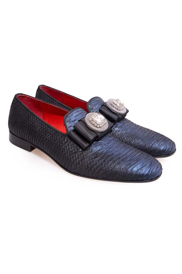 Dark Blue Color Laceless Genuine Leather Men's Shoes