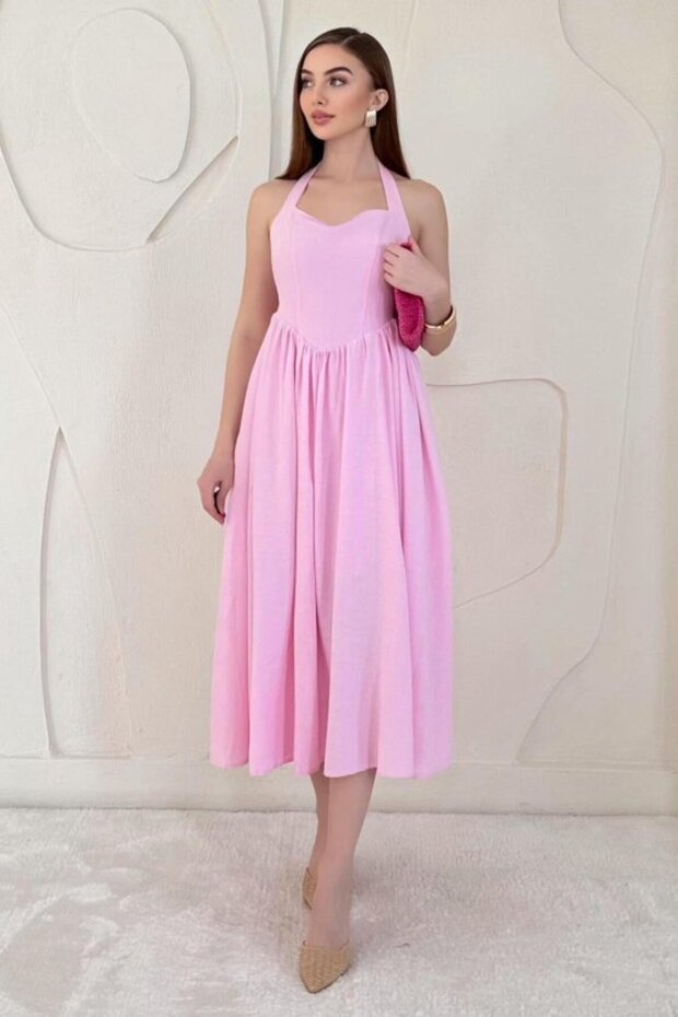 Pink Halter Linen Dress
