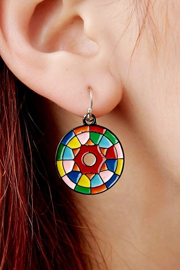 Stained Glass Patterned Enamel Women's Earrings Double Piece Handmade Earrings