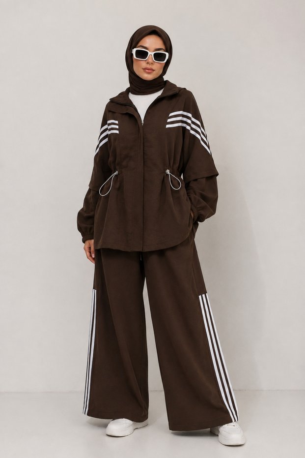 High Collar Striped Suit with Elastic Sleeves and Waist, Zipper Closure - Brown