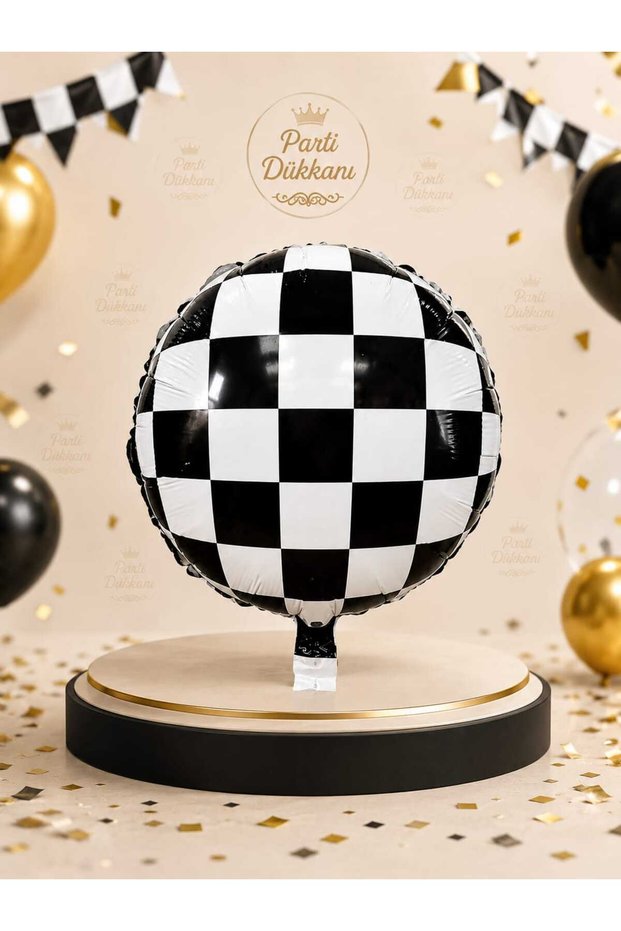 18 Inch Black and White Checkered Round Foil Balloon Helium Compatible Formula 1 Racing Car Themed Party Decoration