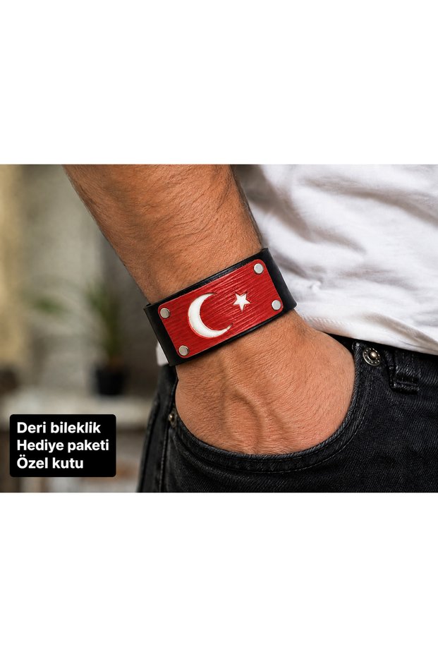 Moon and Star Black Leather Men's Bracelet – Wide Bracelet with Turkish Flag Design