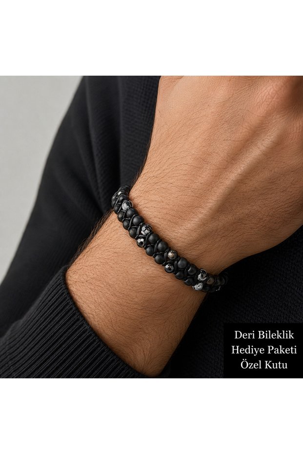 Men's Black Leather Bracelet – Stylish Design with Bead Detail, Gift Boxed