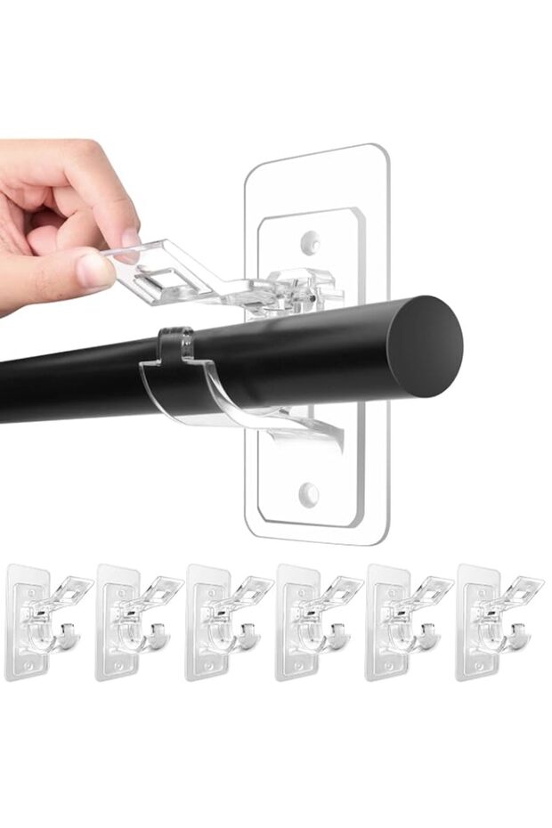 Coolive 6-Pack No Drill Needed Curtain Rod Holders Brackets, Self Adhesive Holder Hooks, Multipurpose Nail Free Stick On Hooks