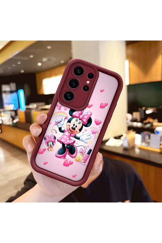 Samsung Galaxy S24 Ultra Compatible Case Camera Protector Minnie Pattern Burgundy Lover Couple Silicone Phone Case