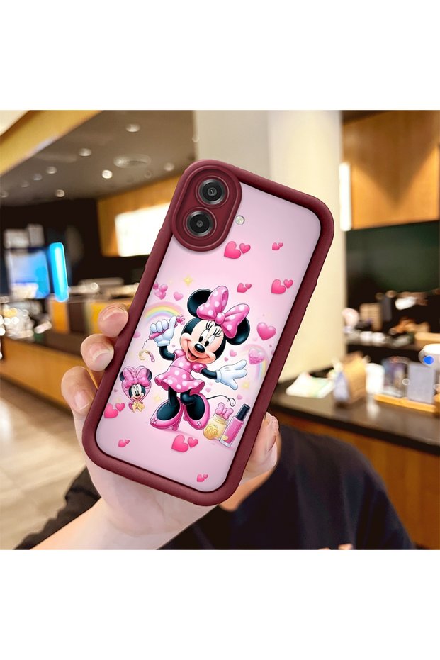 Samsung Galaxy A07 Compatible Case Camera Protector Minnie Pattern Burgundy Lover Couple Silicone Phone Case