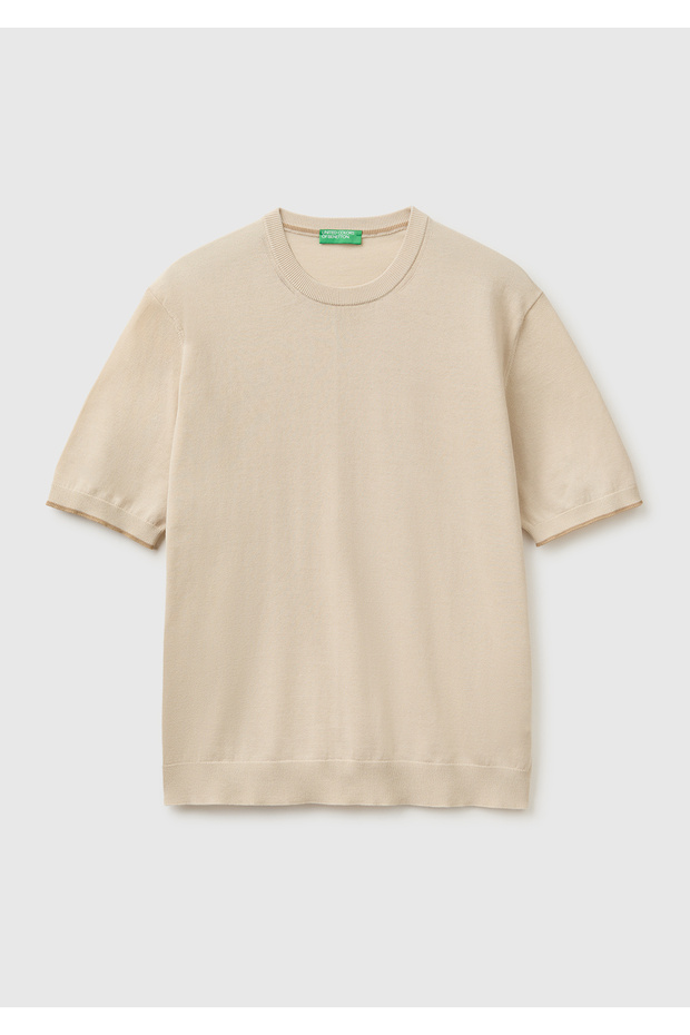 Men's Stone 100% Cotton Ribbed Knitwear T-Shirt with Contrast Detail
