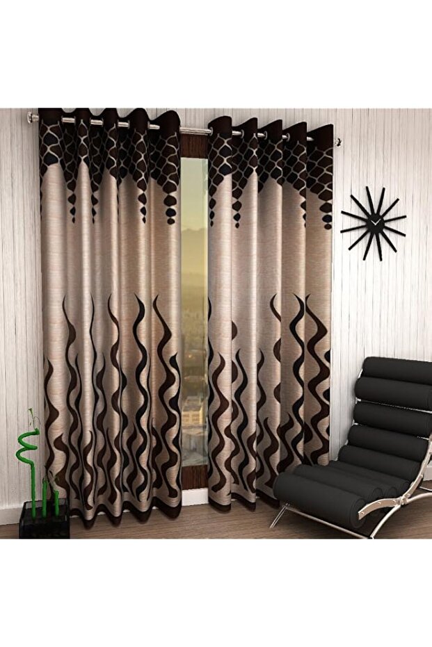 Home Sizzler 2 Pieces Polyester Door Curtains, 116 X 210 CM, Brown, Wave Panel