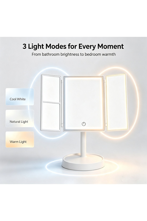 مرآة مكياج LED ثلاثية الطي، مرآة تجميل مكبرة مع تحكم باللمس و3 أوضاع إضاءة، مرآة تجميل دوارة 360 درجة للمكتب