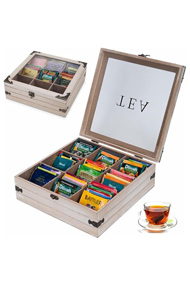 Tea Box Organizer Tea Bag Holder, 9 Compartments Rustic Tea Storage Box, Tea Chest Tea Organizer Container for Tea Bags, Creamers, Sugar, Coffee Pods, Instant Coffee Packets (Gray)