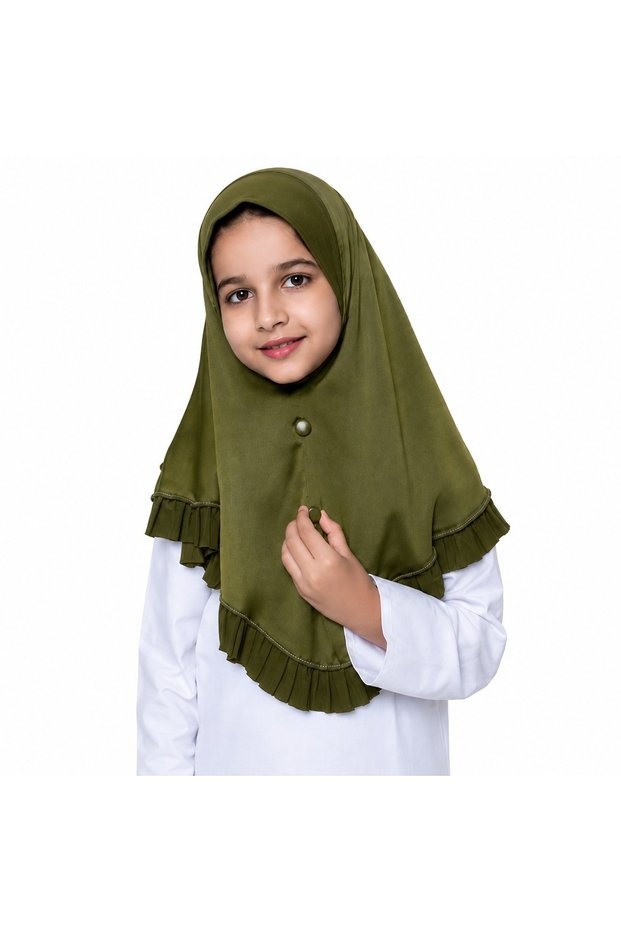 Hijab for Kids – Stylish Modest Islamic Headscarf for Muslim Girls, Ruffle Trim Kids Hijab with Button Front Detail