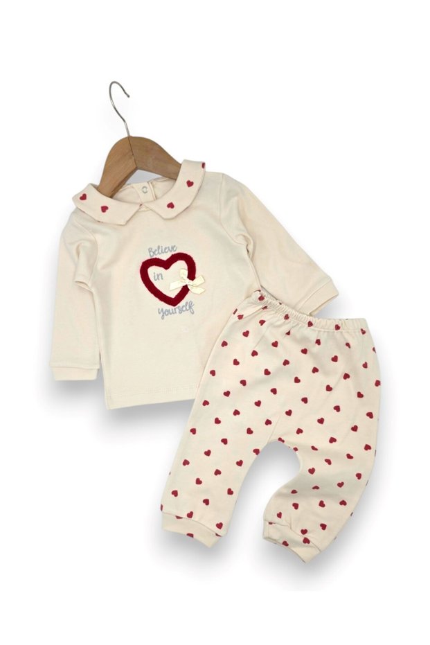 Baby Girl Heart Printed Baby Collar 3-6-9-12 Months Newborn 2-Piece Seasonal Top and Bottom Set