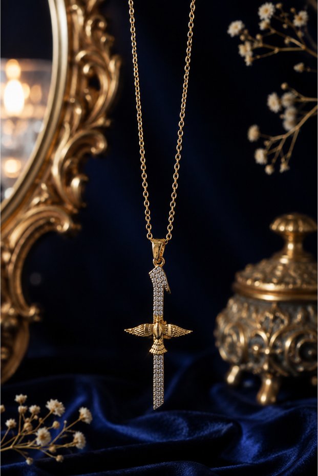 Sacred Wings Steel Necklace with Stone Sword and Winged Bird Figure (Gold Color)