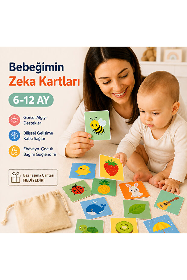 My Baby's First Intelligence Cards 6-12 Months | Educational Baby Intelligence Cards | 40 Different Color Images | Early Development, Sensory and Visual Perception Cards | Cloth Carrying Bag