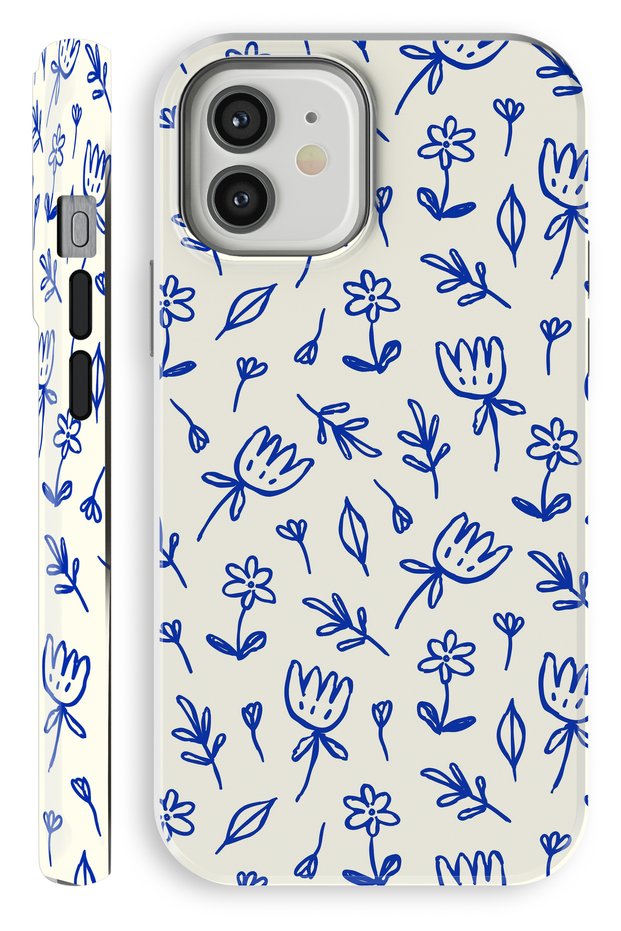 iPhone 12 Blue Doodle Double Layer Full Covering Printing Glossy Protect Phone Case