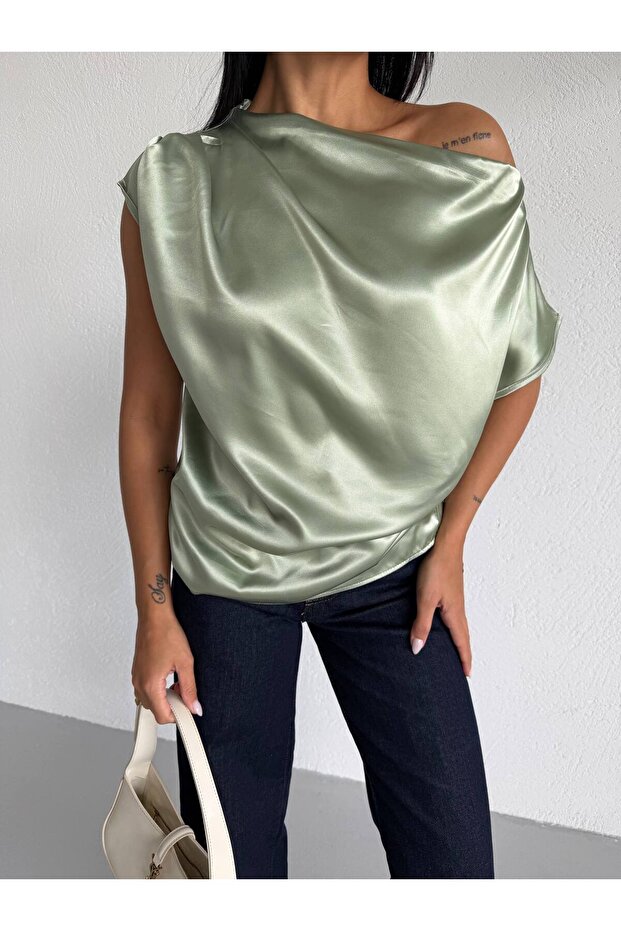 Women's Çağla Off-Shoulder Short Sleeve Satin Blouse